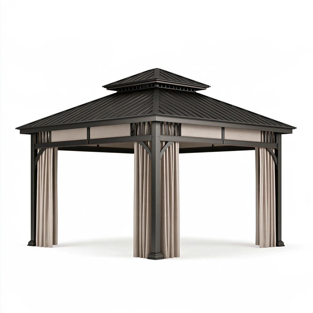 Pavillon 300 x 300 cm aus Metall in Schwarz mit Vorhängen für Garten im klassischen Stil