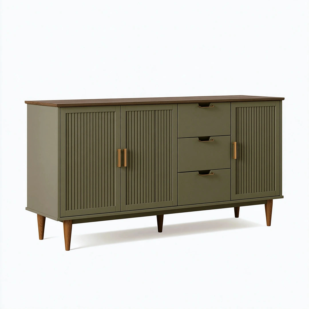 Sideboard 180 cm Holzwerkstoff Olivgrün mit Schubladen und Lamellentüren