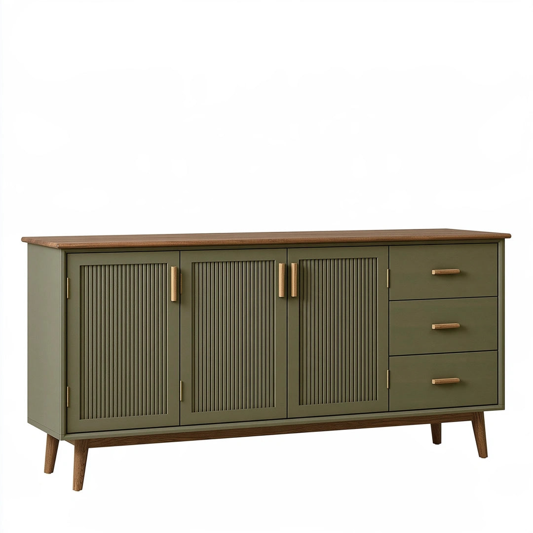 Sideboard 180 x 45 x 85 cm in Olivgrün und Holz mit 3 Türen 3 Schubladen im Mid-Century-Stil