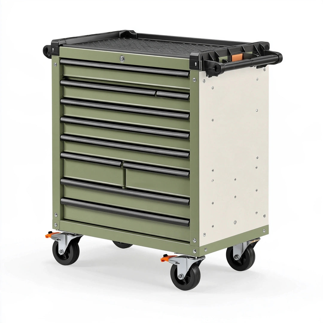 Werkzeugwagen 90 x 50 x 100 cm aus Stahl Olivgrün mit 11 Schubladen mobiler Werkstattwagen