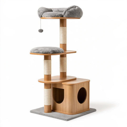 Kratzbaum 60 x 50 x 145 cm Holz Sisal Grau Natur mit Höhle Liegeflächen und Spielball
