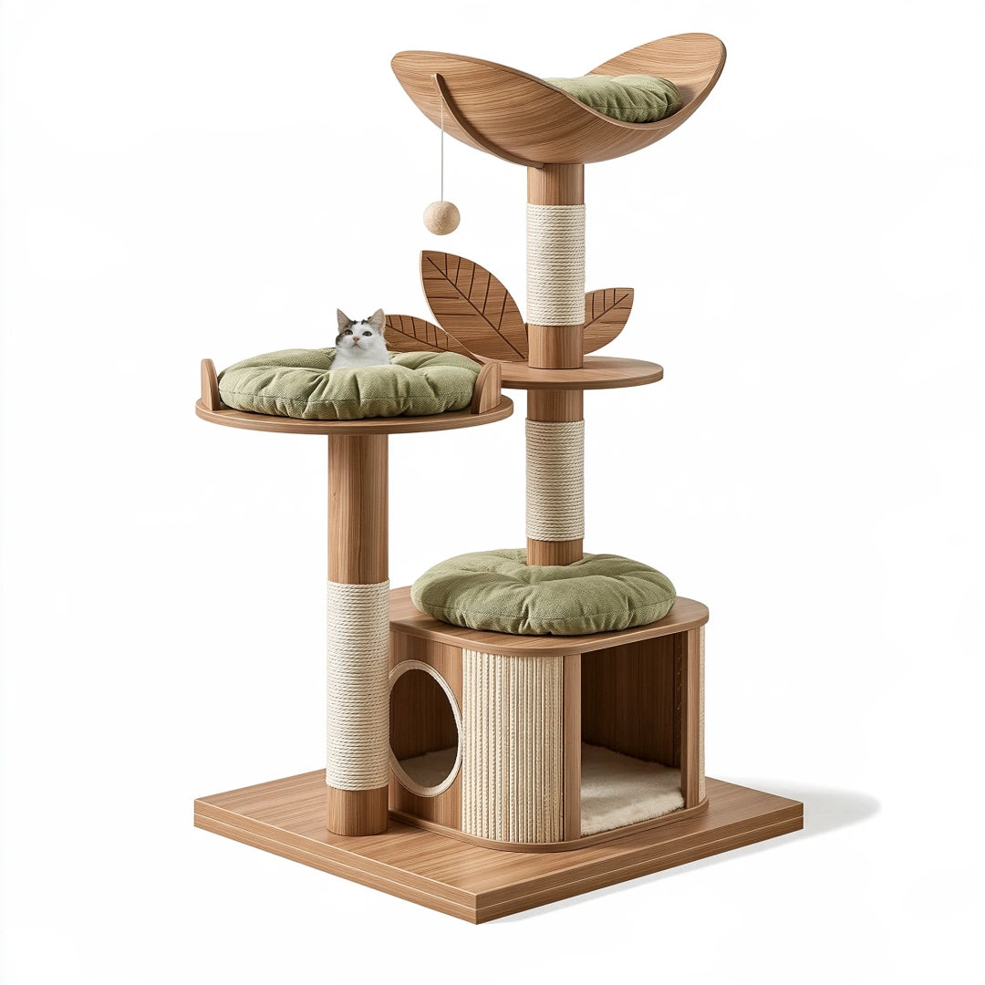 Kratzbaum 60 x 60 x 150 cm Holz Naturgrün mit Sisal und Liegeflächen
