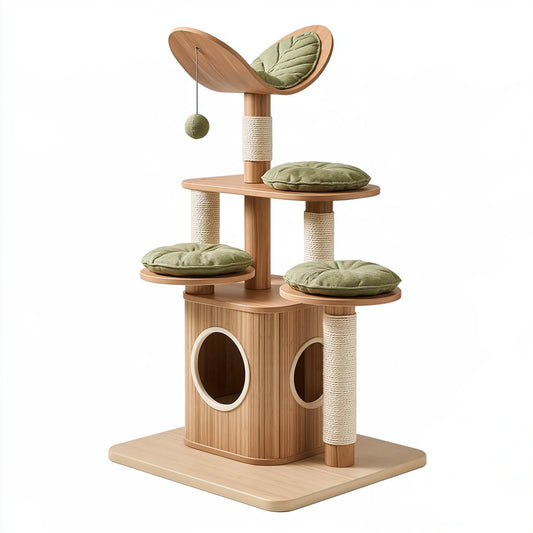 Kratzbaum 60 x 60 x 145 cm Holz Sisal Grün mit Katzenhöhle und Liegeflächen