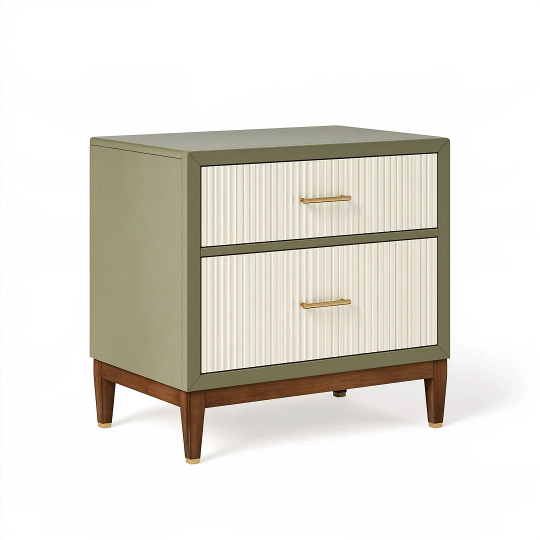 Nachttisch 60 x 45 x 65 cm aus Holzwerkstoff in Olivgrün Creme mit 2 Schubladen