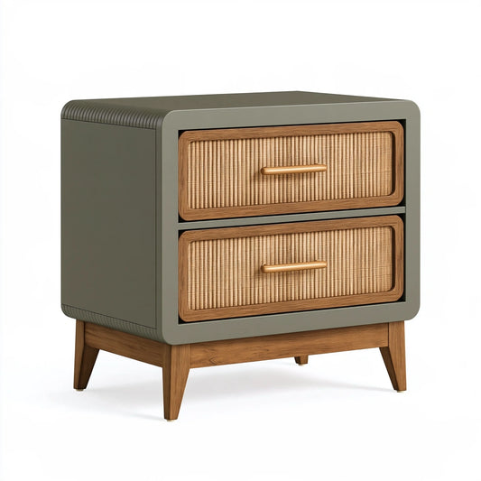 Nachttisch 50 x 40 x 60 cm aus Holz in Olivgrün und Naturbraun mit zwei Schubladen im Retro-Stil