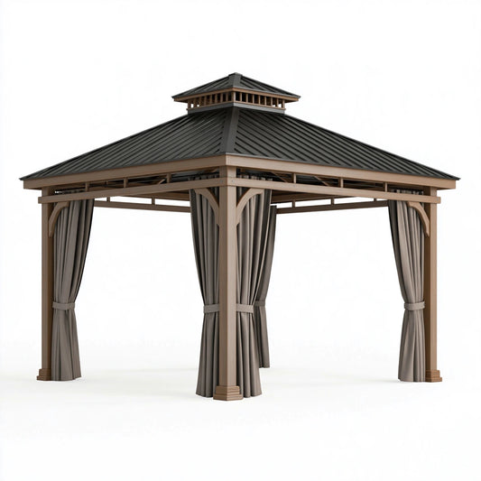 Gartenpavillon 300 x 300 x 300 cm Holz Braun mit Metalldach und Seitenvorhängen
