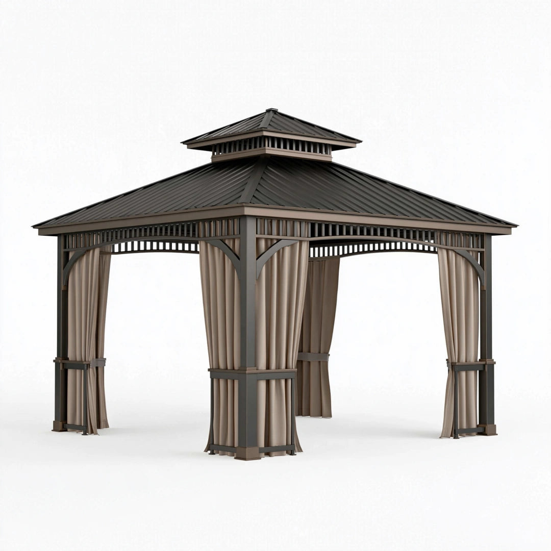 Gartenpavillon 300 x 300 cm Stahl Grau mit Metalldach und Vorhängen
