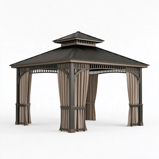 Gartenpavillon 300 x 300 cm Stahl Grau mit Metalldach und Vorhängen