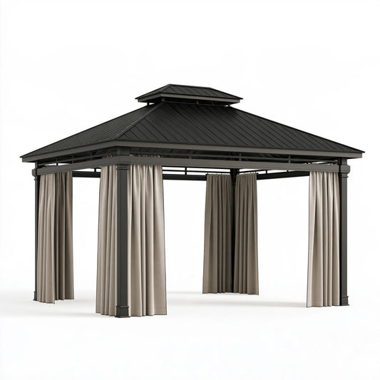 Gartenpavillon 300 x 300 x 300 cm aus Metall in Schwarz/Beige mit Vorhängen - freistehend mit Doppeldach