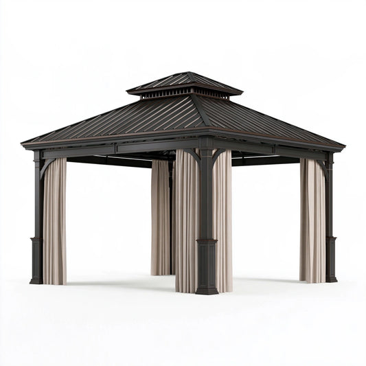 Gartenpavillon 400 x 400 x 330 cm aus Metall Schwarz mit Polyester Seitenvorhängen