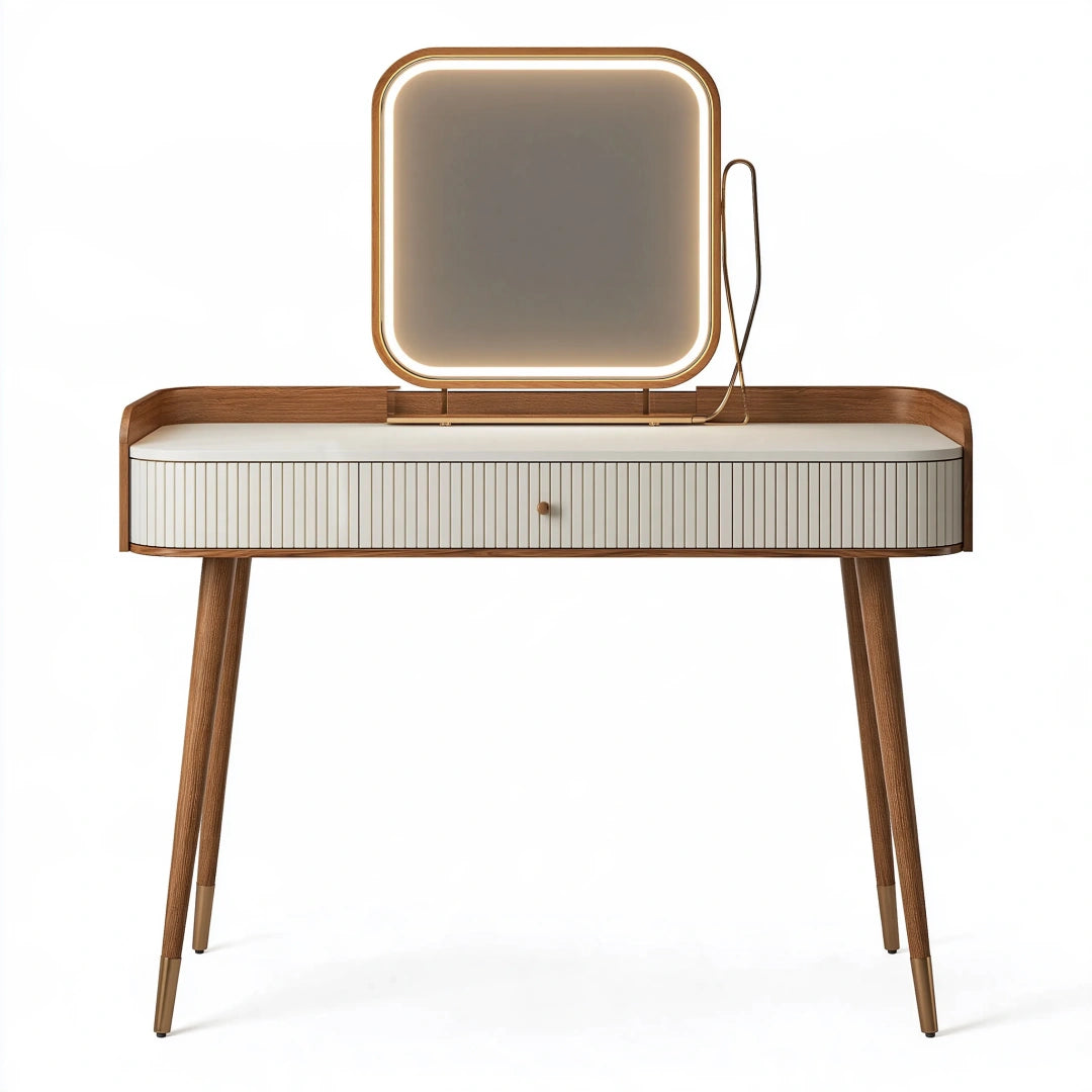 Schminktisch 120 x 45 x 150 cm Holz Braun Weiß mit LED-Spiegel skandinavisch