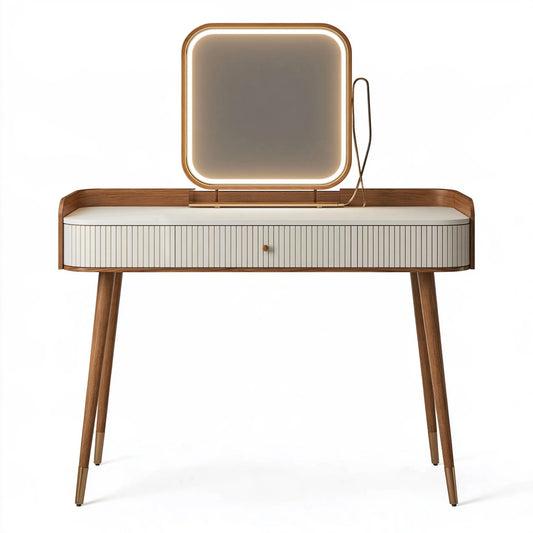 Schminktisch 120 x 45 x 150 cm Holz Braun Weiß mit LED-Spiegel skandinavisch