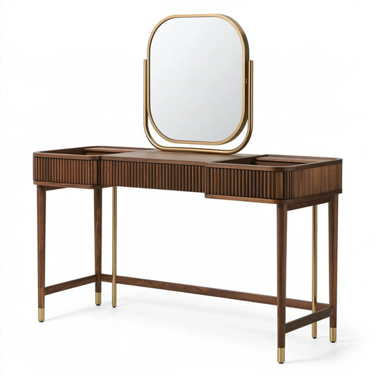 Schminktisch 120 x 45 x 145 cm Holz Dunkelbraun Gold mit Spiegel und Schubladen