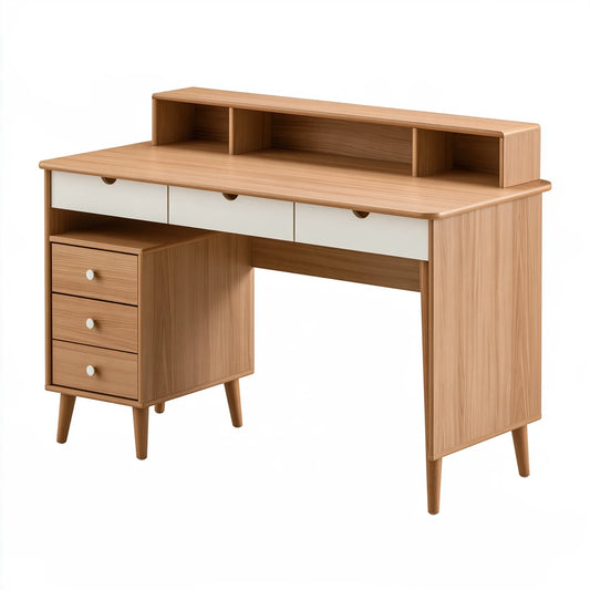 Schreibtisch 120 x 60 cm aus Holzwerkstoff Natur/Weiß mit Schubladen und Aufsatz im Retro-Stil