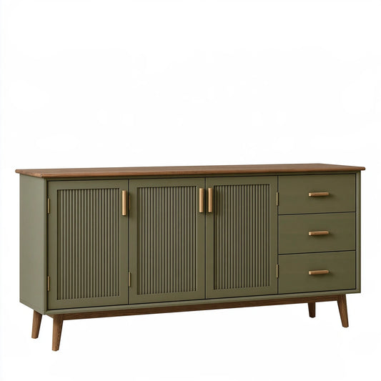 Sideboard 180 x 45 x 85 cm in Olivgrün und Holz mit 3 Türen 3 Schubladen im Mid-Century-Stil