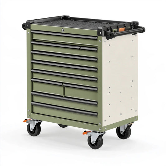 Werkzeugwagen 90 x 50 x 100 cm aus Stahl Olivgrün mit 11 Schubladen mobiler Werkstattwagen