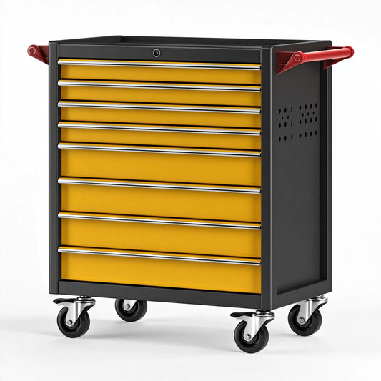 Werkstattwagen 77 x 46 x 98 cm aus Stahl Schwarz Gelb mit 8 Schubladen und Rollen