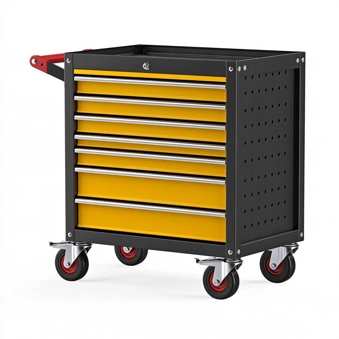 Werkstattwagen 78 x 46 x 95 cm aus Stahl in Schwarz Gelb mit 8 Schubladen und Rollen