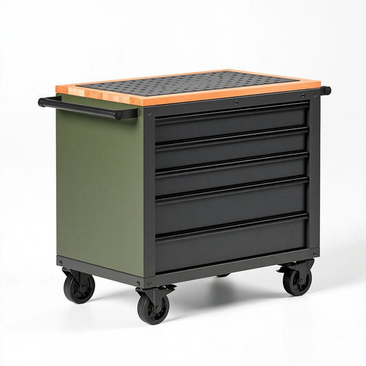 Werkzeugwagen 80 x 45 x 90 cm Stahl Holz Schwarz Olivgrün mit 5 Schubladen